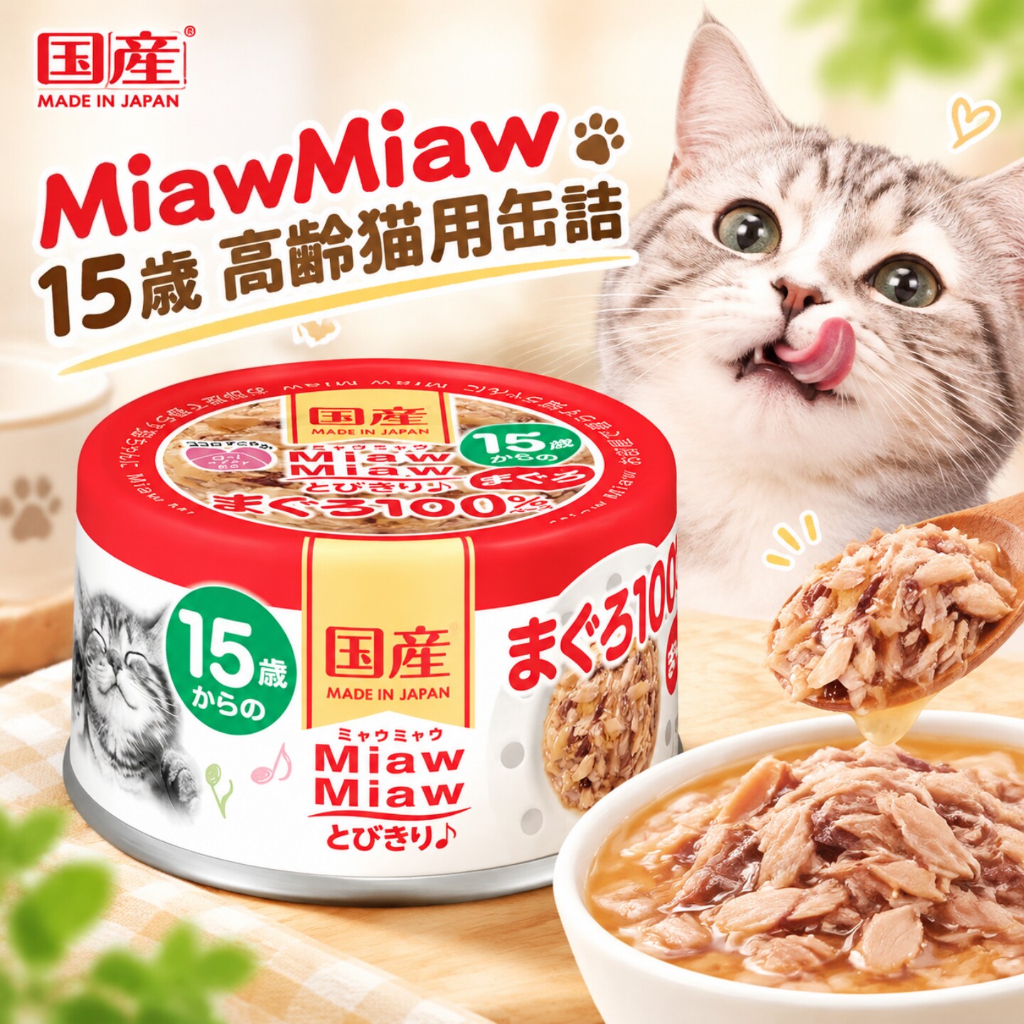 日本进口AIXIA爱喜雅MIAWMIAW金枪鱼鸡肉味15岁以上用猫罐头湿粮