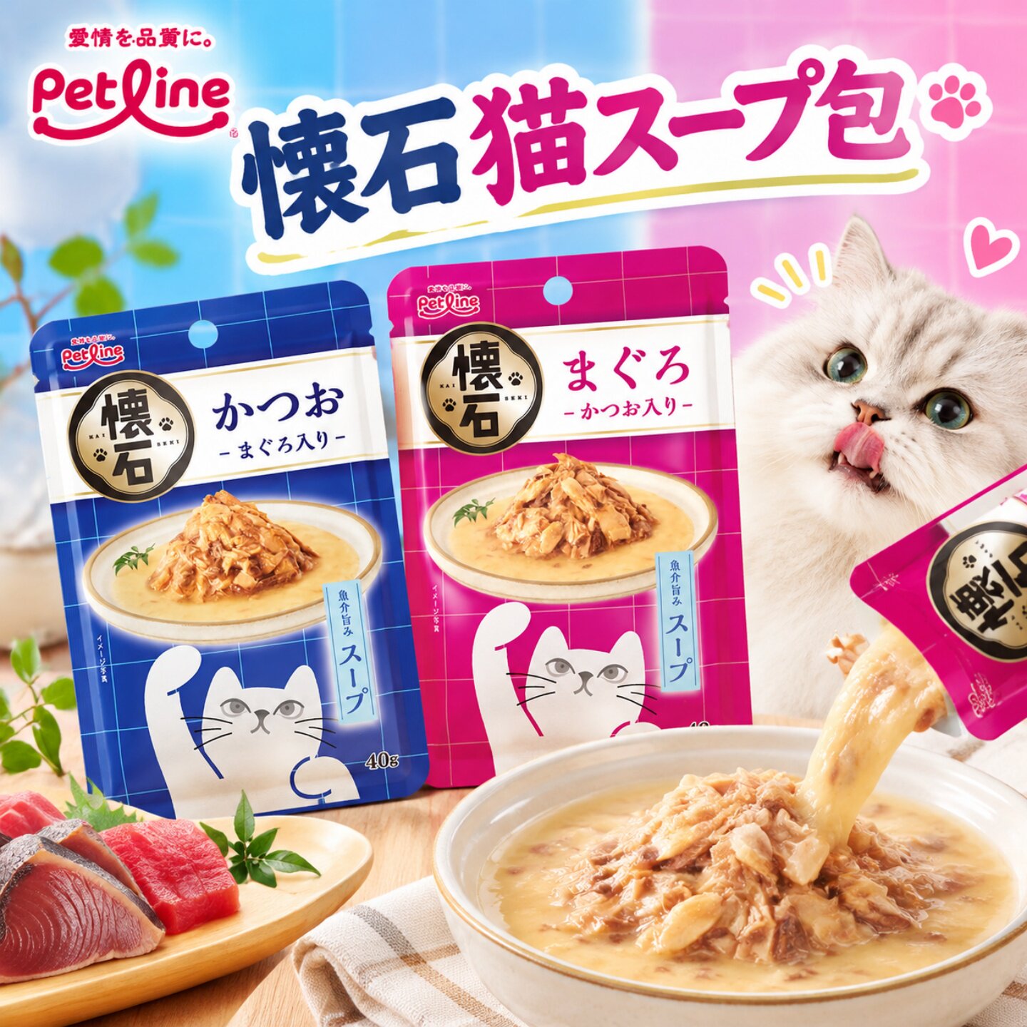 日本进口日清怀石Petline奢侈料理综合营养猫餐包猫零食补水湿粮