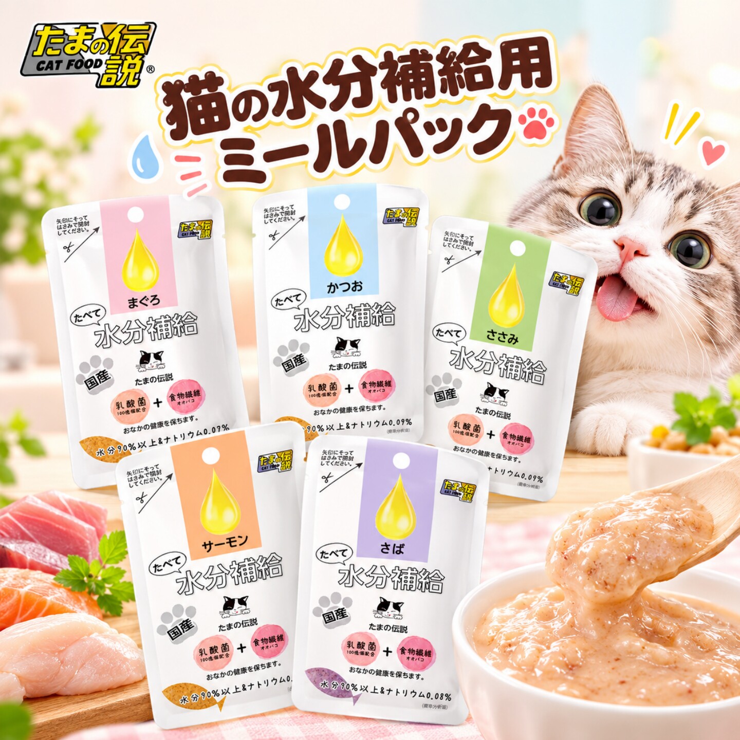 日本进口三洋的传说功能型猫餐包水分补给含乳酸菌食物纤维猫湿粮