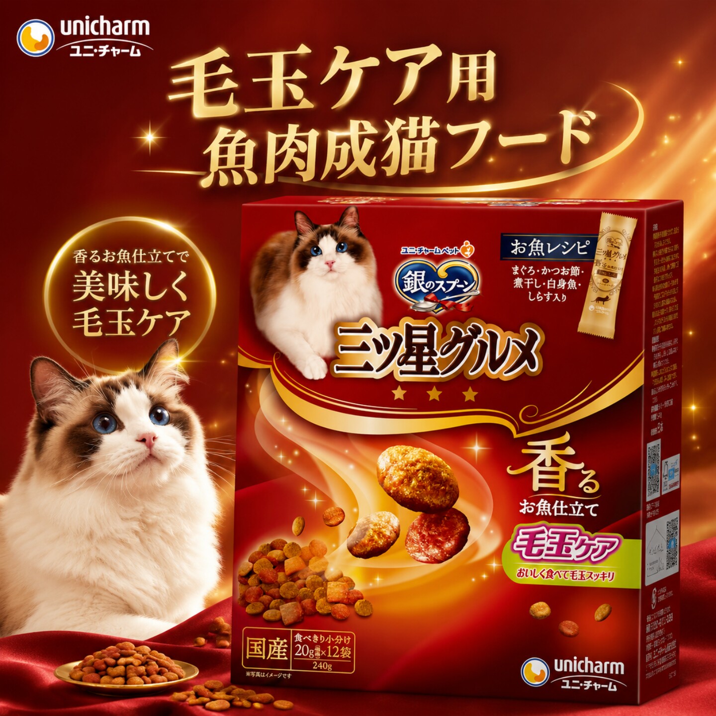 日本进口Unicharm银勺三星猫粮鱼味夹心饼干独立小包化毛猫主粮