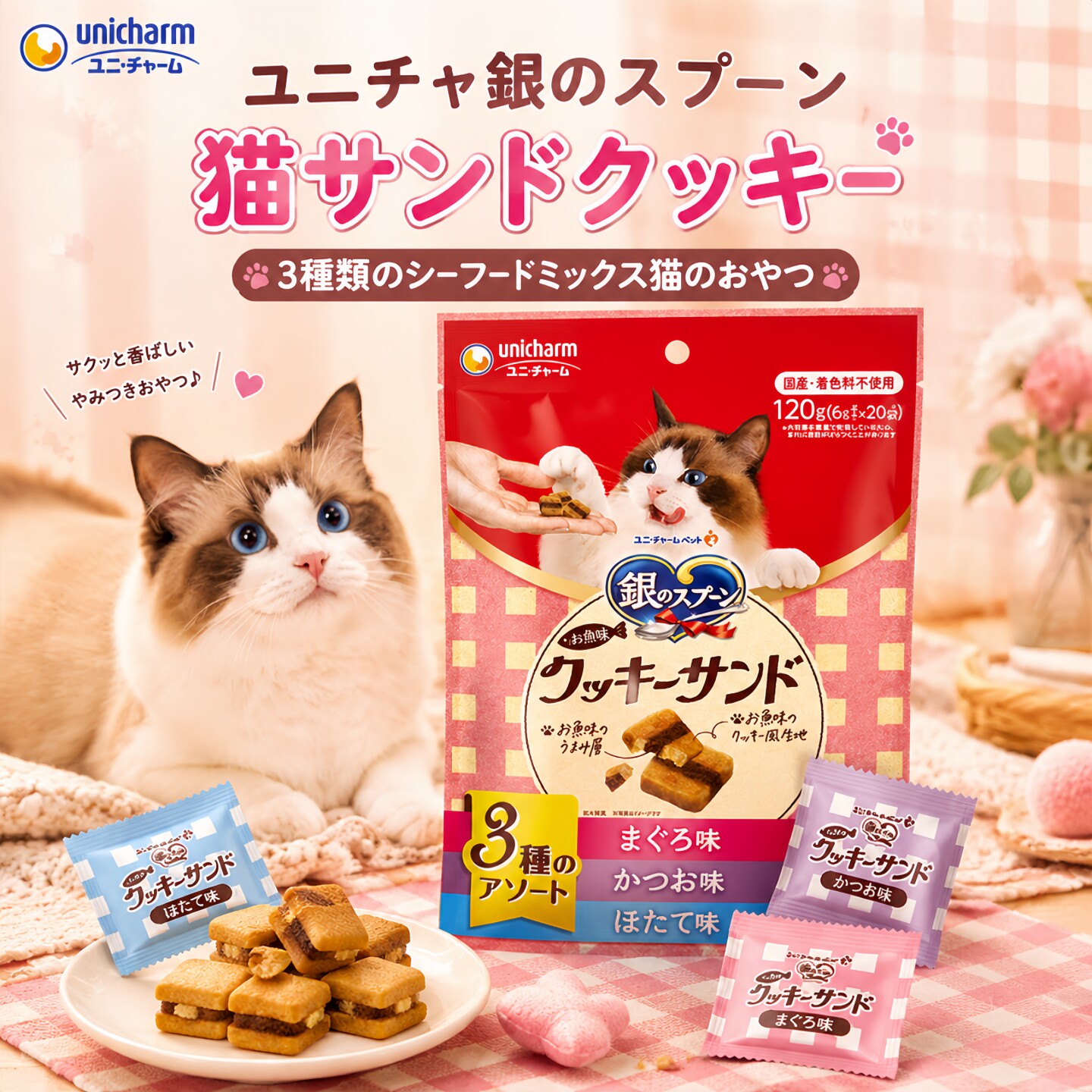 日本进口银勺尤妮佳鲣鱼添加脆脆饼干猫零食干粮点心鱼味洁牙护齿