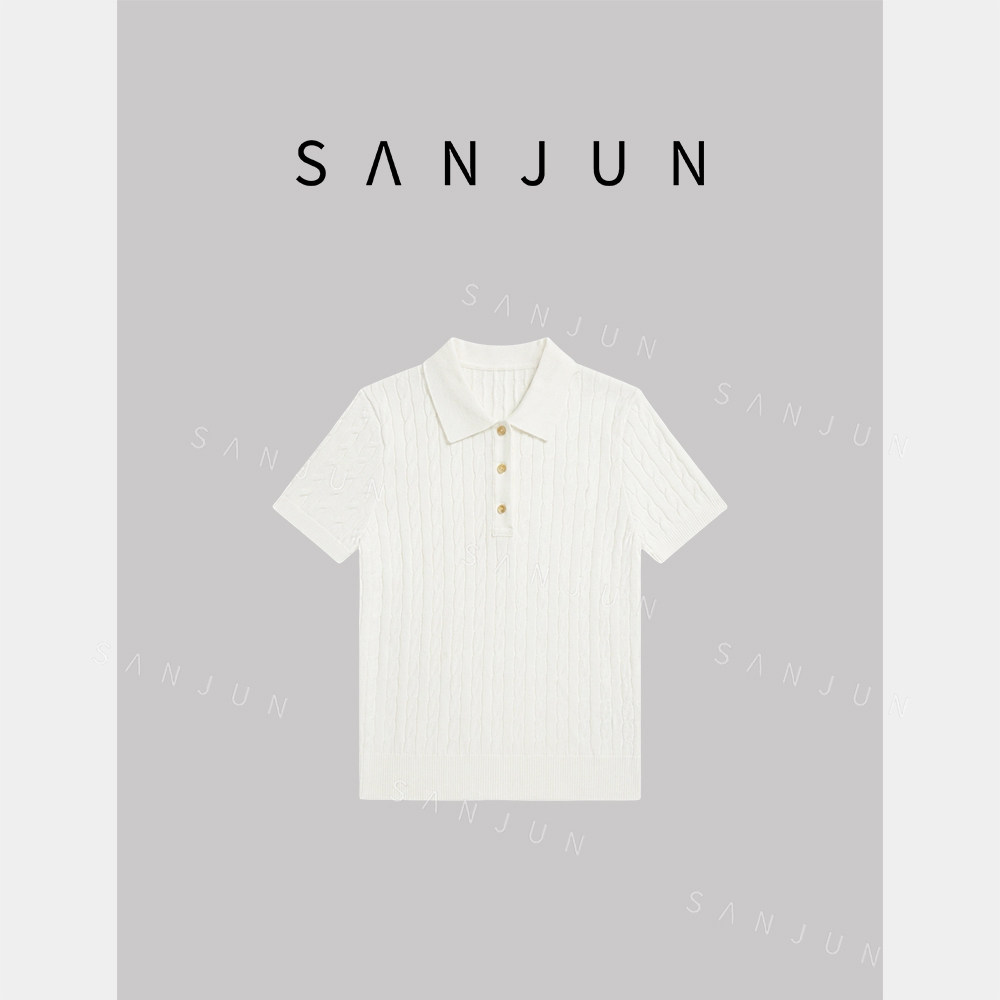 SANJUN【春山暮】老钱风翻领麻花针织正肩短袖 6028