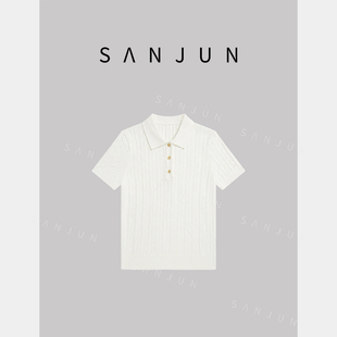 SANJUN【春山暮】老钱风翻领麻花针织正肩短袖 6028
