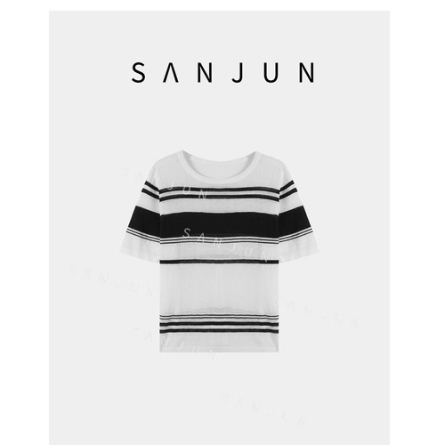 SANJUN【简色】慵懒风黑白条纹流行亚麻T恤 12487