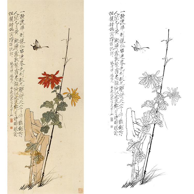 工笔画白描底稿菊花花鸟菊石条屏国画于非闇图实物打印线条YF31