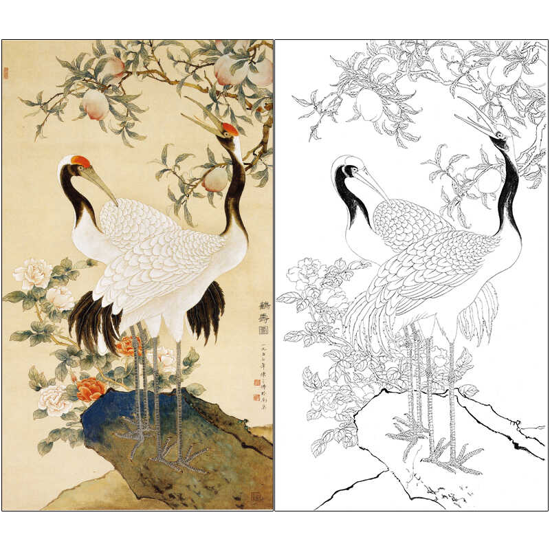 贺寿图白描线稿仙鹤寿桃工笔白描