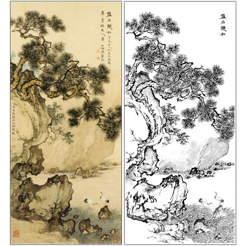陈少梅松石双鹤图工笔底稿