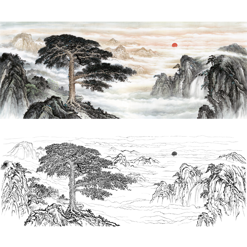 迎客松国画山风水画工笔白描底稿