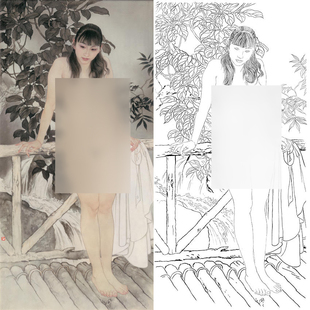 何家英《幽谷》工笔画线稿现代人物白描底稿实物打印底稿ZV20