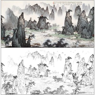 山水底稿四尺六尺工笔画白描线稿