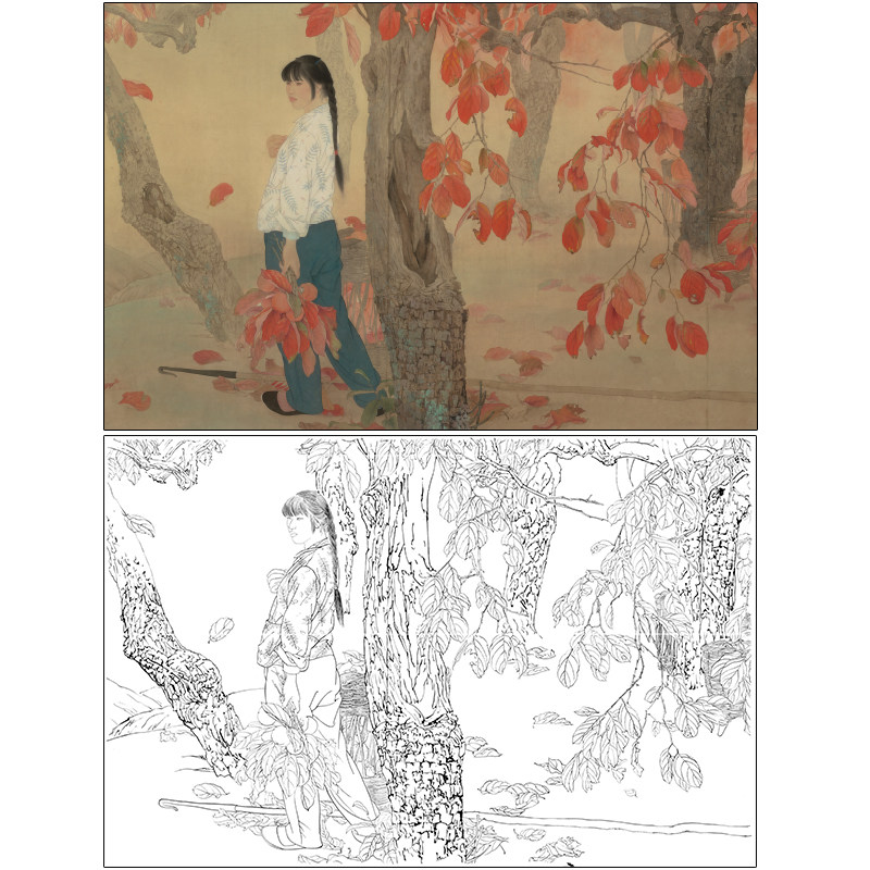 何家英十九秋工笔画白描底稿现代人物实物打印稿用作临摹勾线zv17