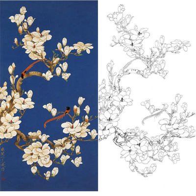 于非闇玉兰花鸟工笔画底稿绶带图