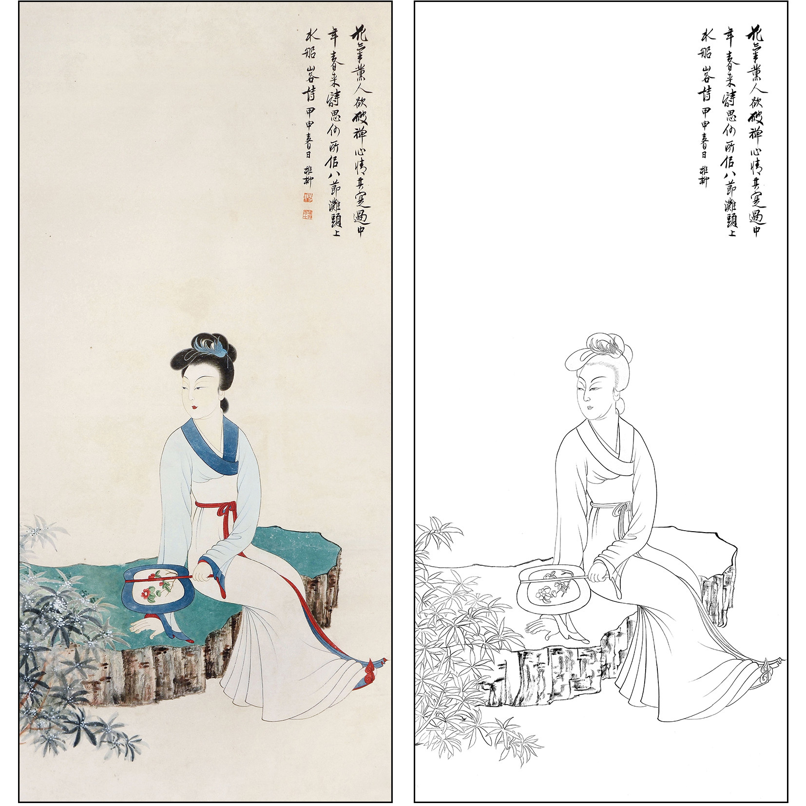 谢稚柳人物工笔画白描底稿《仕女》临摹勾线高清打印线稿XZ21