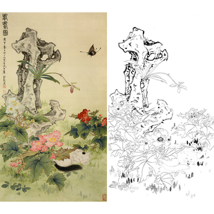 工笔画猫白描底稿猫蝶耄耋图国画花鸟素材实物打印线条稿HV07