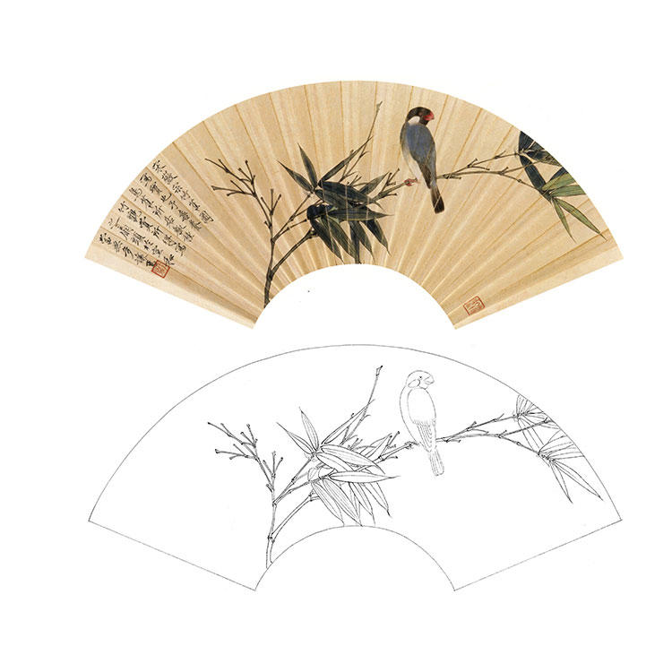 于非闇工笔画白描底稿国画花鸟扇面竹子雀图实物打印宣纸临摹YF66