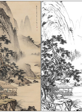 工笔画白描底稿陈少梅竖幅四尺山水《松溪闲眺》高清打印线稿SM48