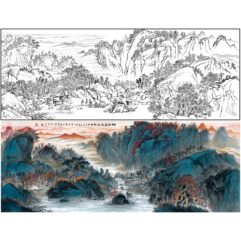 山水底稿大横幅神州作临摹工笔画