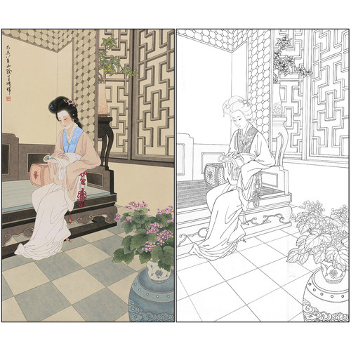 工笔画白描底稿王叔晖《窗下读书仕女图》人物竖幅高清打印稿SH67