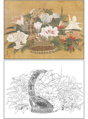 李嵩《花篮图》工笔白描底稿国画宋画花鸟小品临摹勾线打印稿GH10