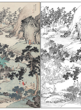 工笔画白描底稿陈少梅竖幅四尺山水《西园雅集图》高清打印稿SM49