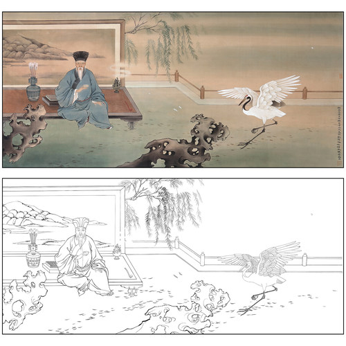 仙鹤工笔画白描底稿人物湖石横幅花鸟临摹勾线高清打印实物稿BC07
