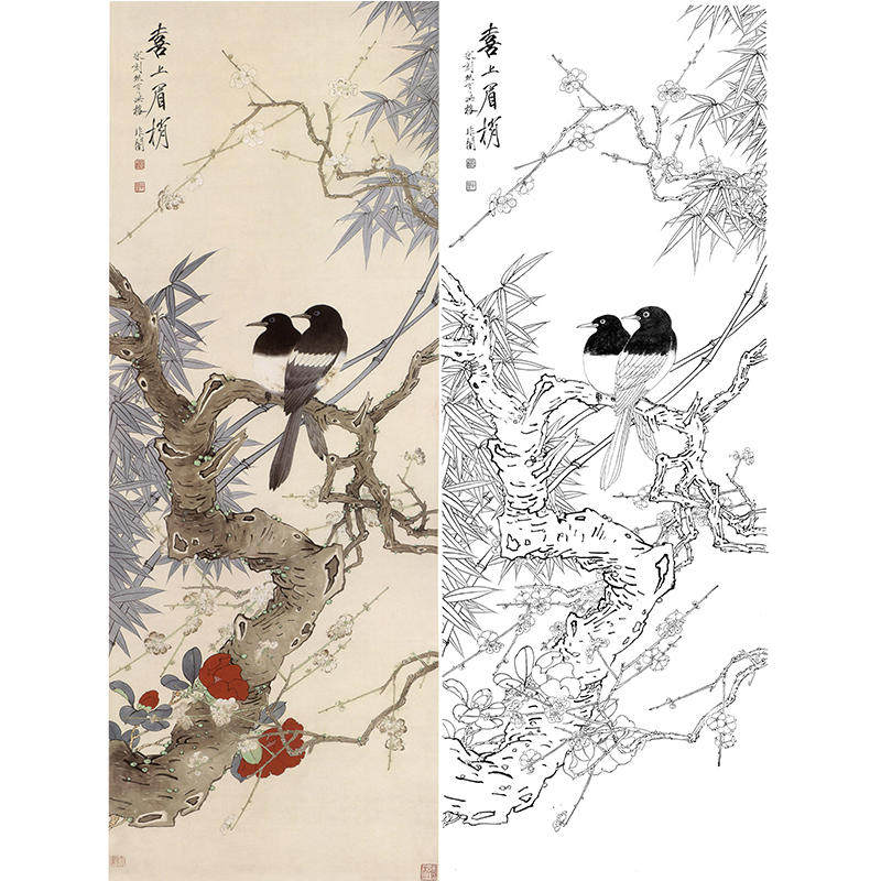工笔画白描底稿喜上眉梢花鸟条屏喜鹊于非闇国画实物打印线稿yf07