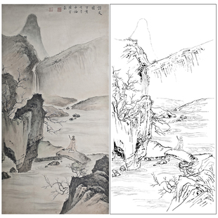 陈少梅水墨竖幅工笔山水访友图工笔画白描底稿临摹练习素材SV06