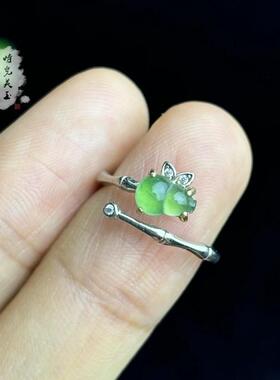 送证书！925银镶嵌缅甸天然A货翡翠冰种绿水小葫芦活口戒指