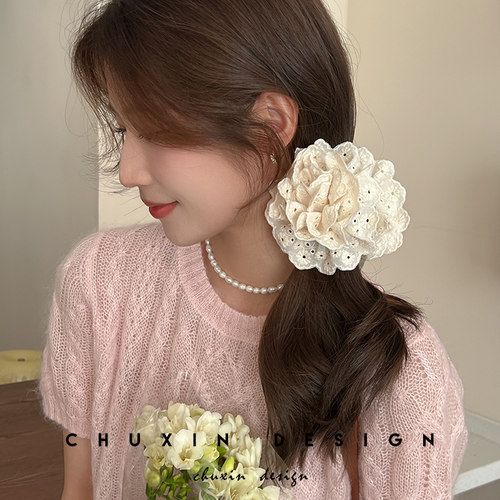 韩系高级感蕾丝玫瑰花朵抓夹女2024新款后脑勺鲨鱼夹马尾发夹头饰