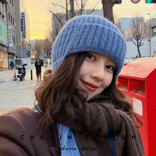 高圆圆同款韩国正品原版针织毛线蓝色帽子保暖护耳围脖围巾配饰