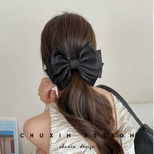 黑色蝴蝶结发夹2024新款高级感复古后脑勺盘发一字弹簧夹顶夹头饰