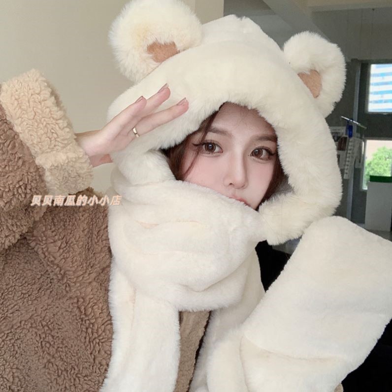 小熊帽子秋冬季女士围巾手套一体连帽围脖可爱保暖毛绒冬天三件套