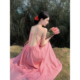 温柔显白粉色大摆露背仙女吊带连衣裙性感显瘦海边度假一字肩长裙