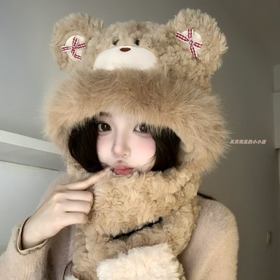 可爱小熊耳朵毛绒帽子女冬季保暖护耳帽围巾一体甜美可爱帽子防寒