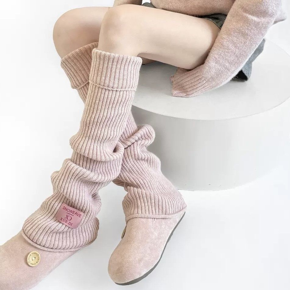日系千金感少女粉堆堆袜套女秋冬复古针织羊毛中筒袜竖条纹小腿套