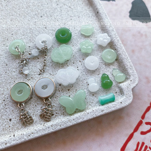 颖颖新品美甲中国风平安扣指甲饰品古风仿玉石系列如意玉锁竹节钻