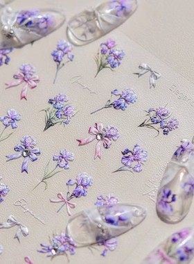 颖颖新品tomoni浪漫紫色蝴蝶结紫气东来唯美鸢尾花朵美甲贴纸晶钻