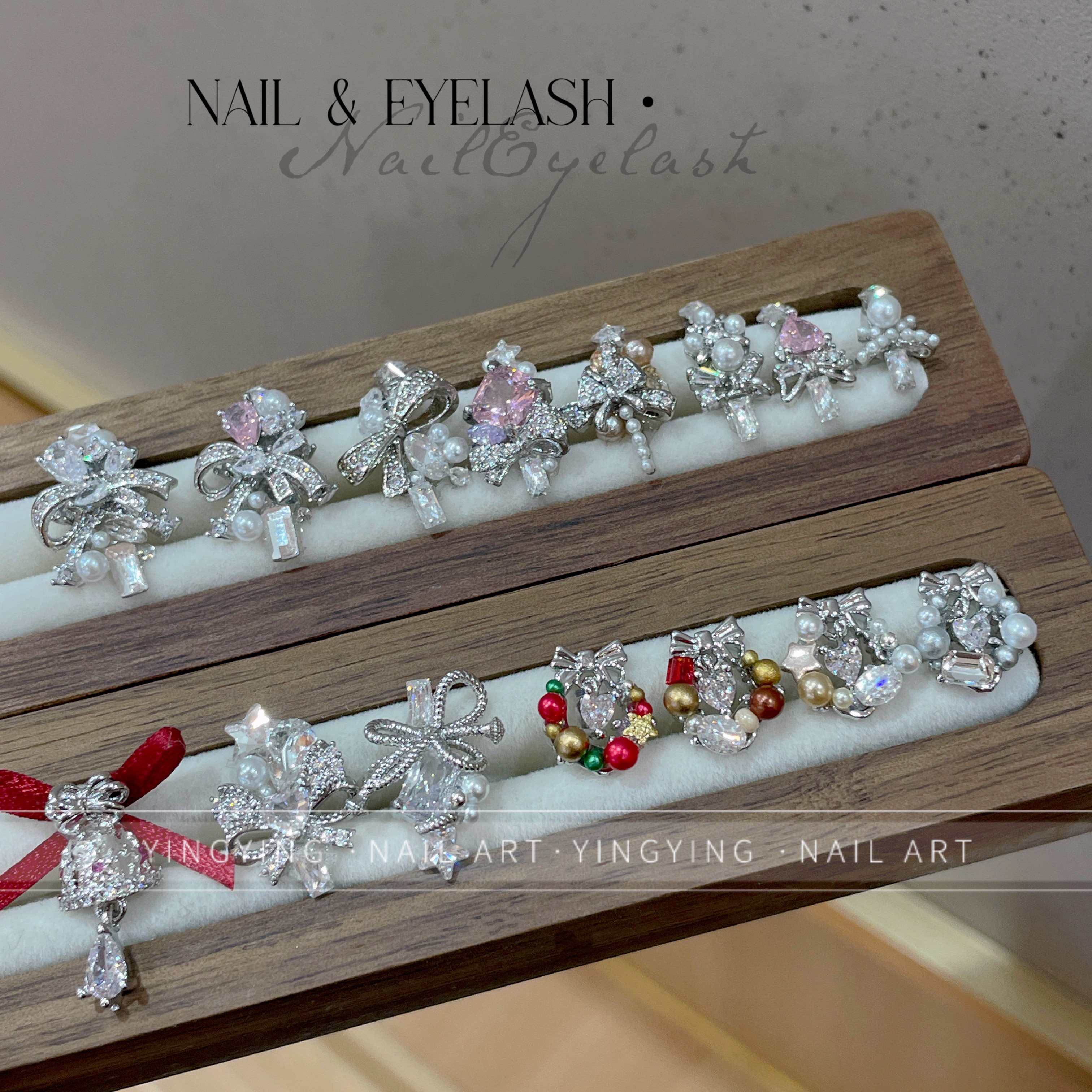 颖颖美甲新品纯手工拼接圣诞树超闪高品质花环锆石堆钻铃铛吊坠钻