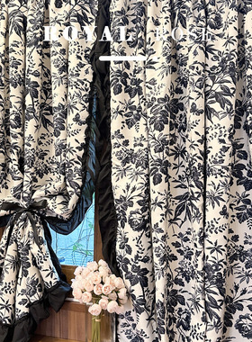 法式复古浪漫荷叶边窗帘小香风黑色洛可可轻奢卧室阳台布帘半帘