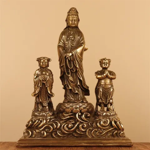 观世音仿古南海观音客厅摆件黄铜站古韵斋家用铜佛像观音菩萨供