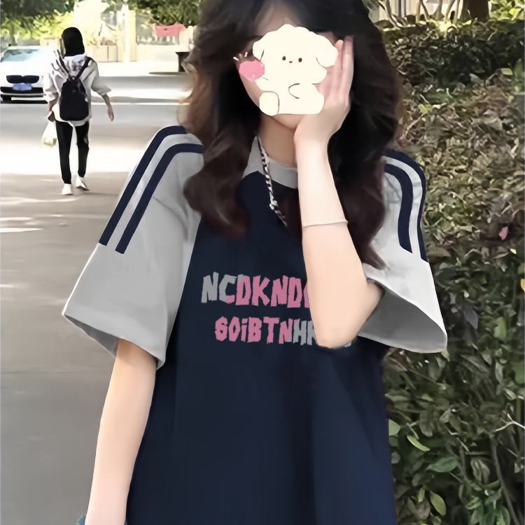 美式复古三条杠短袖T恤女大童2025夏季初中高中学生宽松半袖上衣