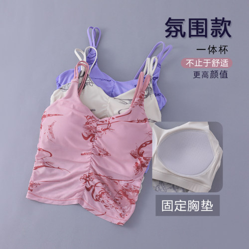 瑜伽服背心女无袖运动上衣带胸垫一体健身高级感印花健身文胸夏季