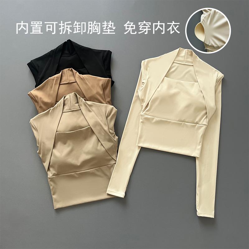 带胸垫瑜伽服女长袖运动上衣弹力紧身跑步训练显瘦普拉提健身服秋