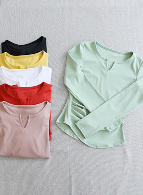 v领运动长袖弹力速干瑜伽服紧身修身健身衣吸汗透气外穿上衣春夏