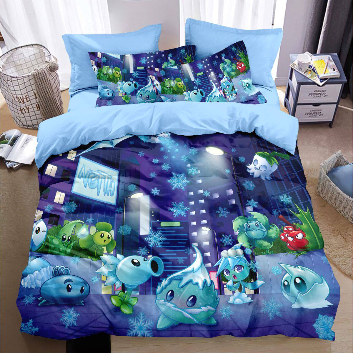 植物大战僵尸全棉被套四件套床单儿童放可爱卡通床上用品个性床笠