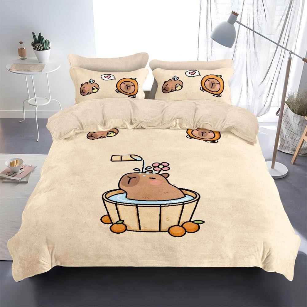 卡皮巴拉被套四件套加绒卡通可爱儿童牛奶绒双面A类床单床笠冬季