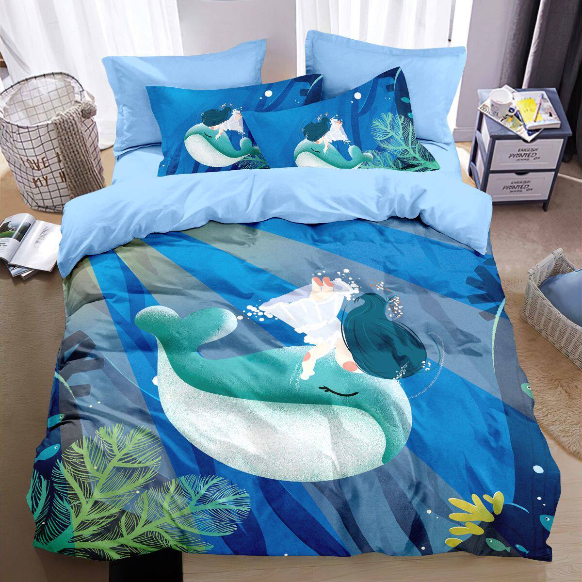 2024龙年鲸鱼全棉被套四件套儿童房卡通可爱家居学生床上用品床单