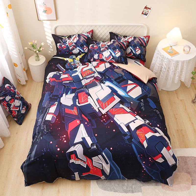 卡通高达床单被套三件套男孩机器人被套被罩被单床笠罩儿童四件套