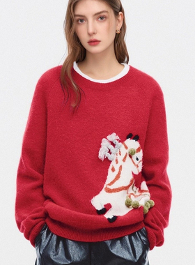 高圆圆同款ED2026春季新年圣诞款小马图腾套头羊毛毛衣EBF1SWT067