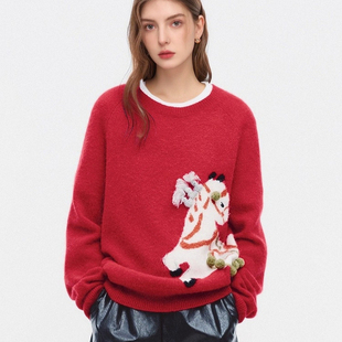 高圆圆同款ED2026春季新年圣诞款小马图腾套头羊毛毛衣EBF1SWT067